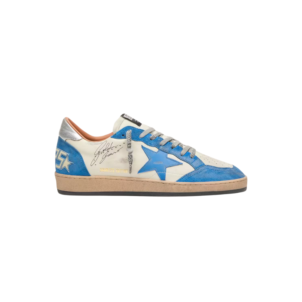Tênis Golden Goose Ball Star LTD masculino de couro branco com estrela de couro azul-claro